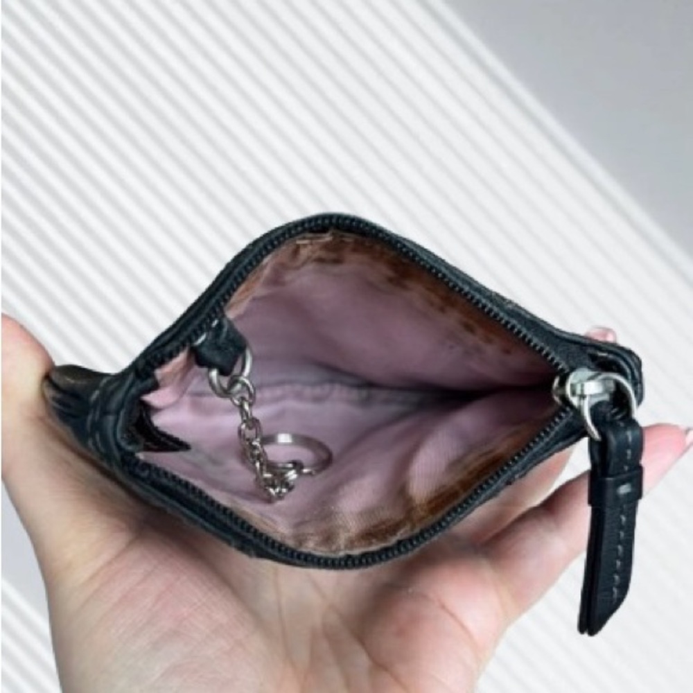 Coach Black Leather Coin Purse Key Pouch Zip Mini Wallet - Picture 3 of 6